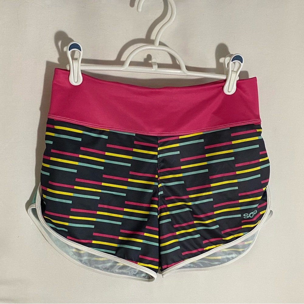 Soas Women's Pink and Black Patterned Running Shorts, Size Small